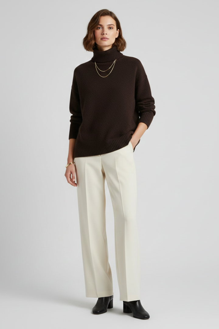 Women’s Turtleneck Sweater with Ribbed Texture and Long Sleeves