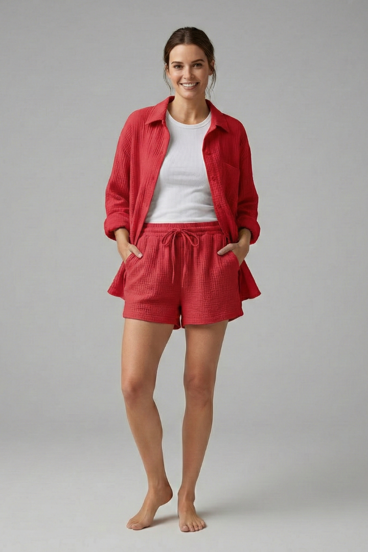 Women’s Two-Piece Set with Button Shirt and Drawstring Shorts