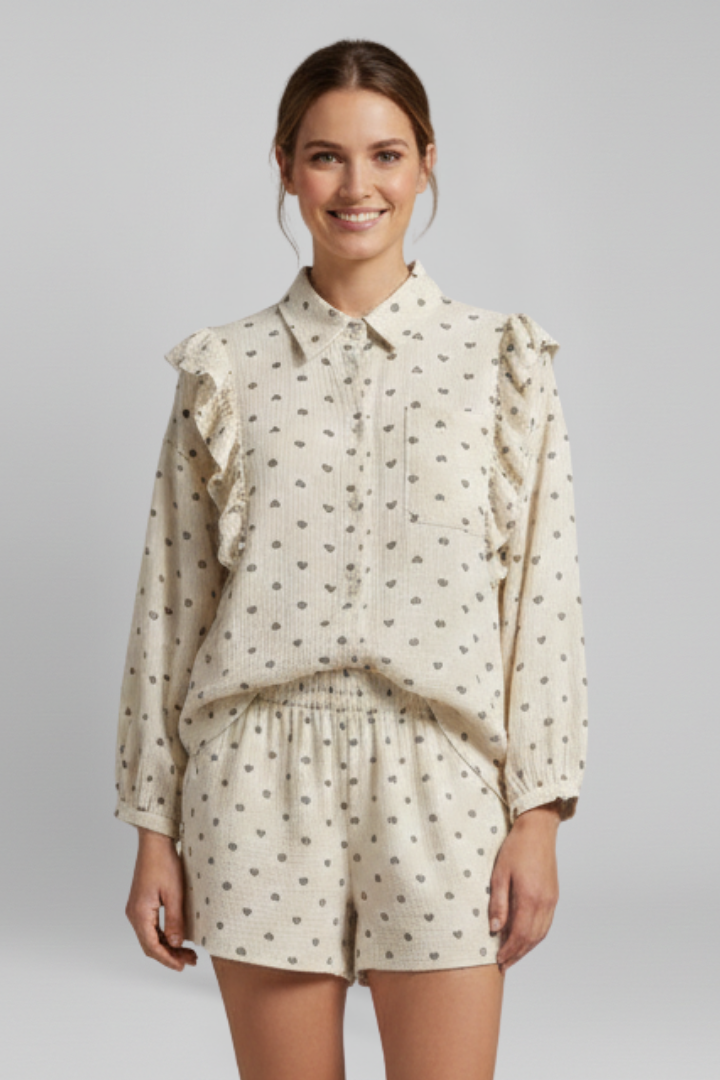 Women’s Two-Piece Set with Button Shirt and Ruffled Shorts