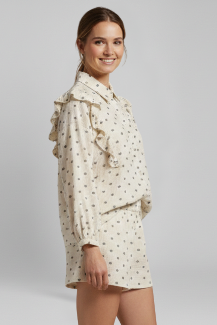 Women’s Two-Piece Set with Button Shirt and Ruffled Shorts