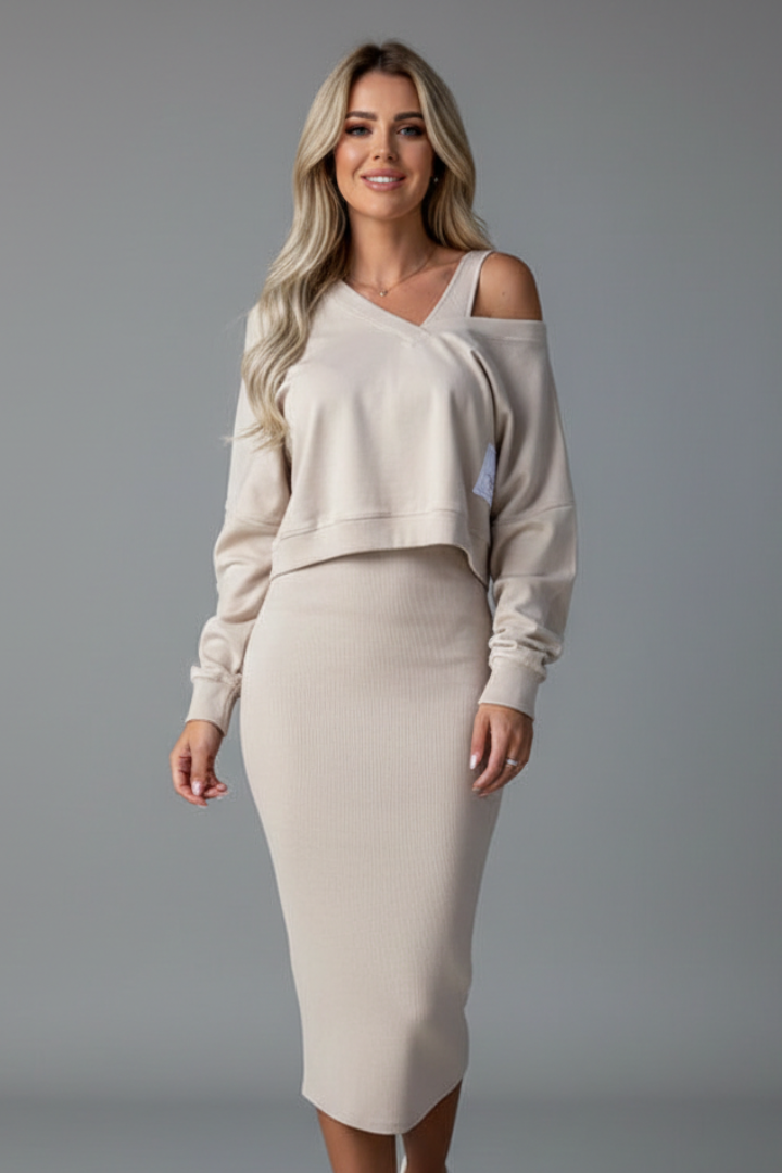 Women’s Two-Piece Set with Crew Neck and Elastic Waist