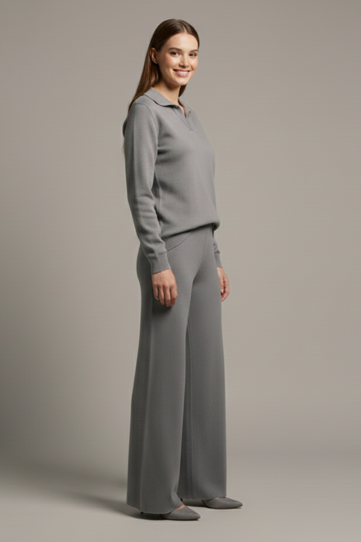 Women’s Two-Piece Set with Polo Collar Top and Wide-Leg Pants