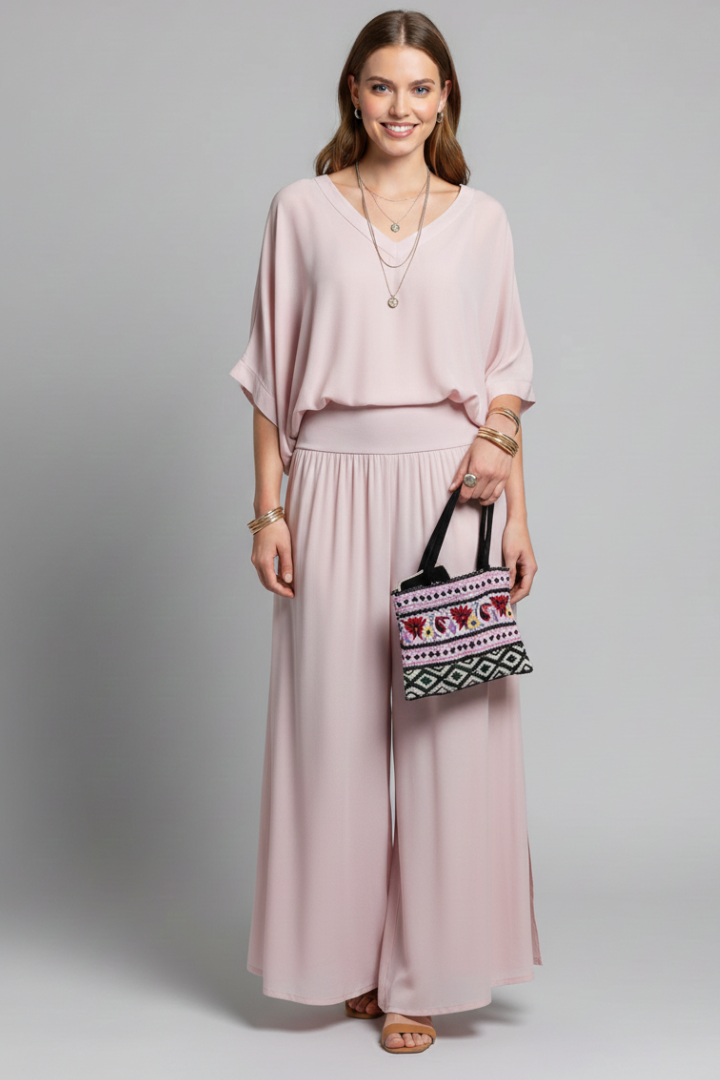 Women’s Two-Piece Set with Top and Wide-Leg Chiffon Trousers