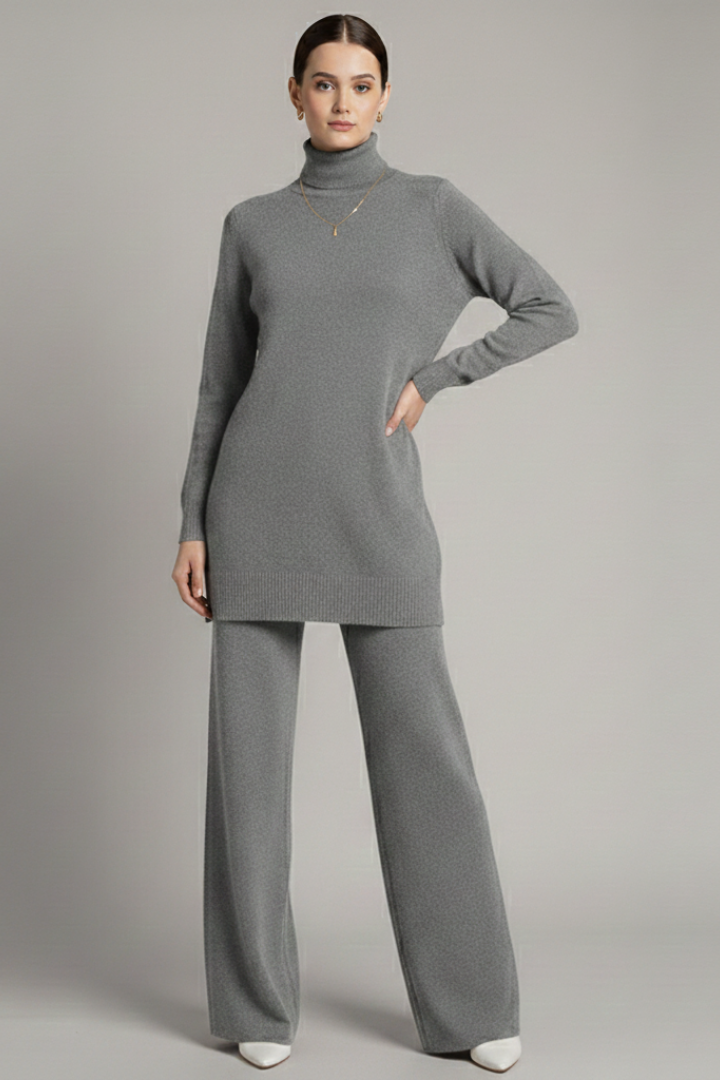 Women’s Two-Piece Set with Turtleneck Top and Wide-Leg Trousers