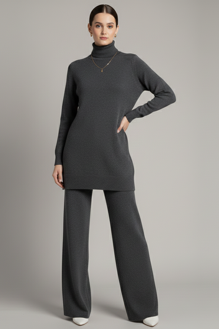 Women’s Two-Piece Set with Turtleneck Top and Wide-Leg Trousers