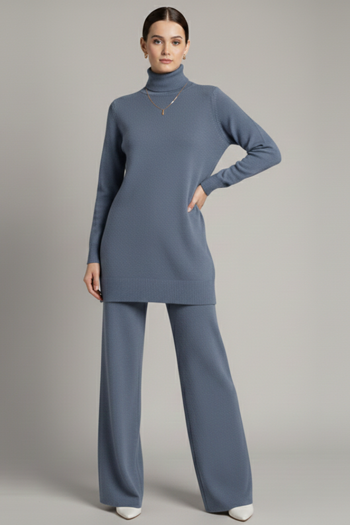 Women’s Two-Piece Set with Turtleneck Top and Wide-Leg Trousers