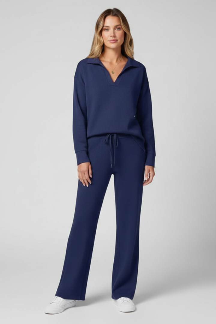 Women’s Two-Piece Set with V-Neck Top and Drawstring Trousers