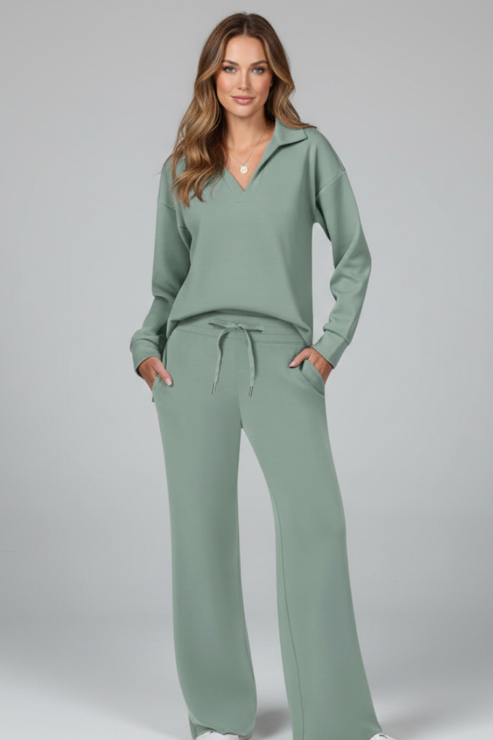 Women’s Two-Piece Set with V-Neck Top and Drawstring Trousers