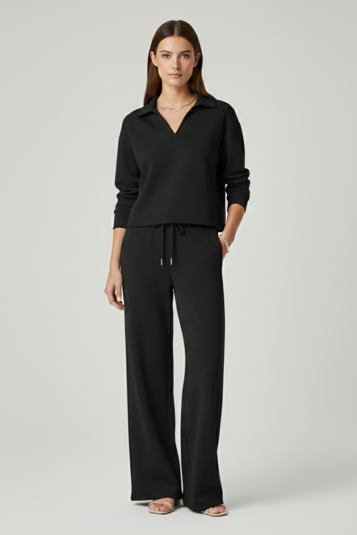 Women’s Two-Piece Set with V-Neck Top and Wide-Leg Pants