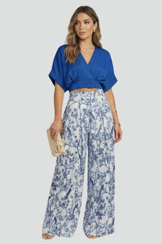 Women’s Two-Piece Set with V-Neck Top and Wide-Leg Trousers