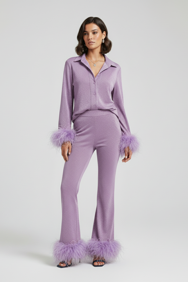 Women’s Two Piece Set with Button Shirt and Feather Trim