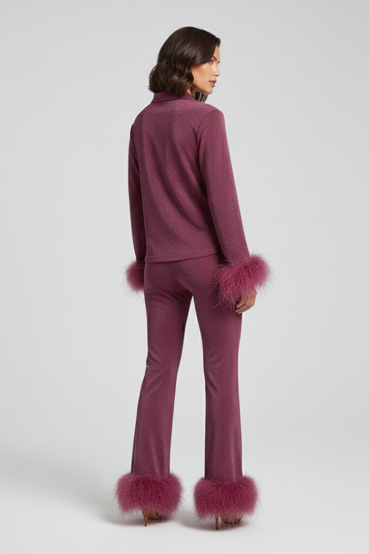 Women’s Two Piece Set with Button Shirt and Feather Trim