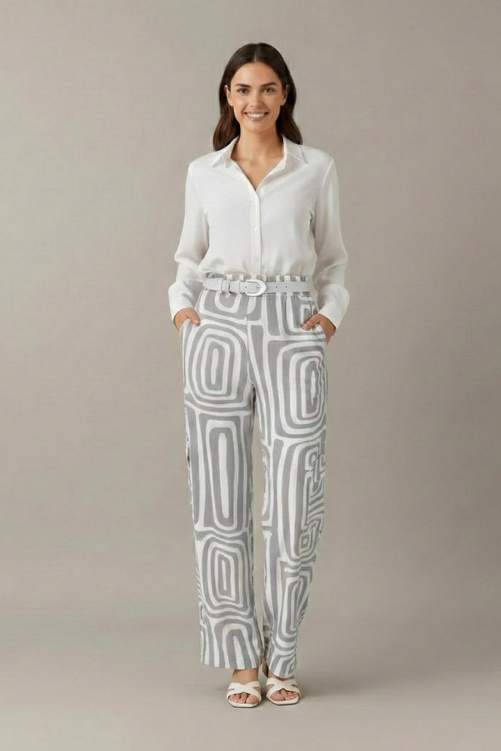 Women’s Two Piece Set with Collared Blouse and Printed Trousers