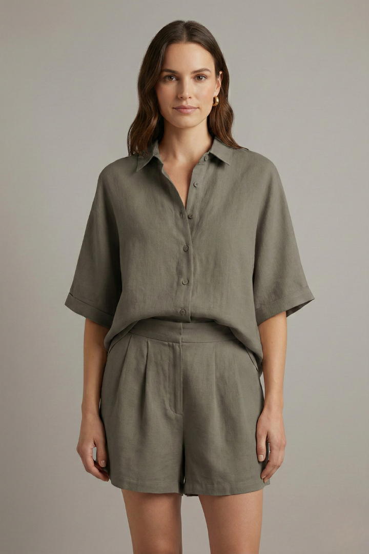 Women’s Two Piece Set with Collared Shirt and Shorts