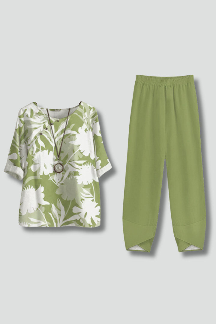 Women’s Two Piece Set with Floral Top and Trousers