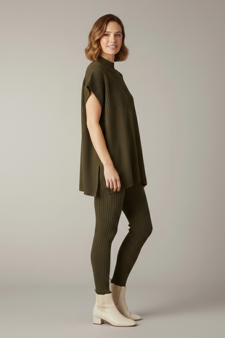 Women’s Two Piece Set with Ribbed Top and Slim Leg Trousers