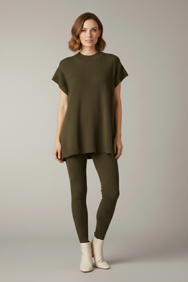 Women’s Two Piece Set with Ribbed Top and Slim Leg Trousers