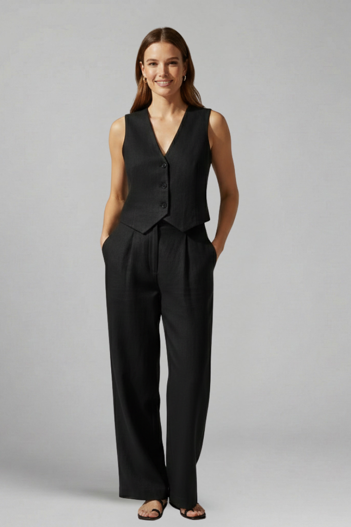 Women’s Two Piece Set with V-Neck and Wide Leg Trousers