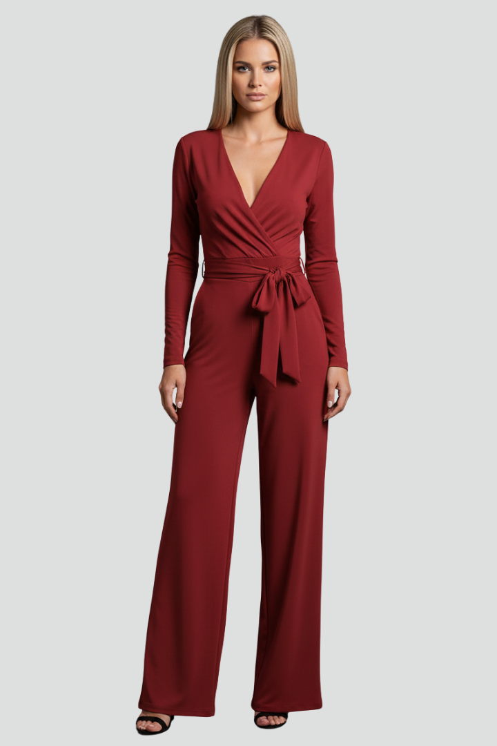 Women’s V-Neck Jumpsuit with Long Sleeves and Tie Waist