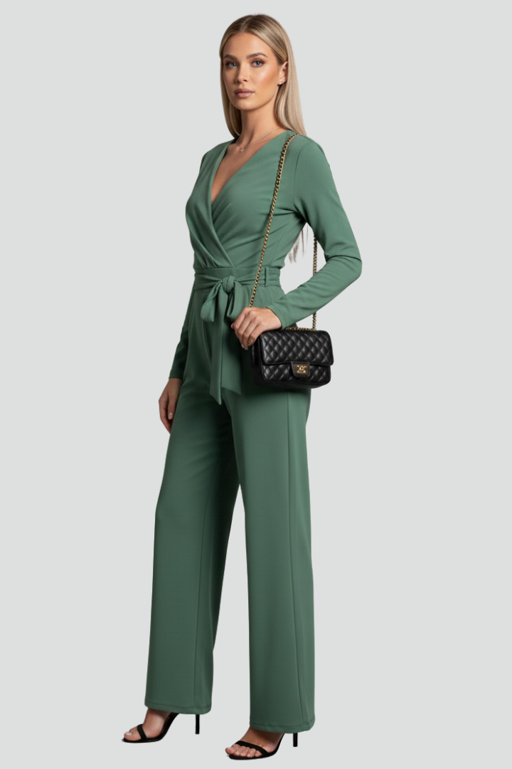 Women’s V-Neck Jumpsuit with Long Sleeves and Tie Waist
