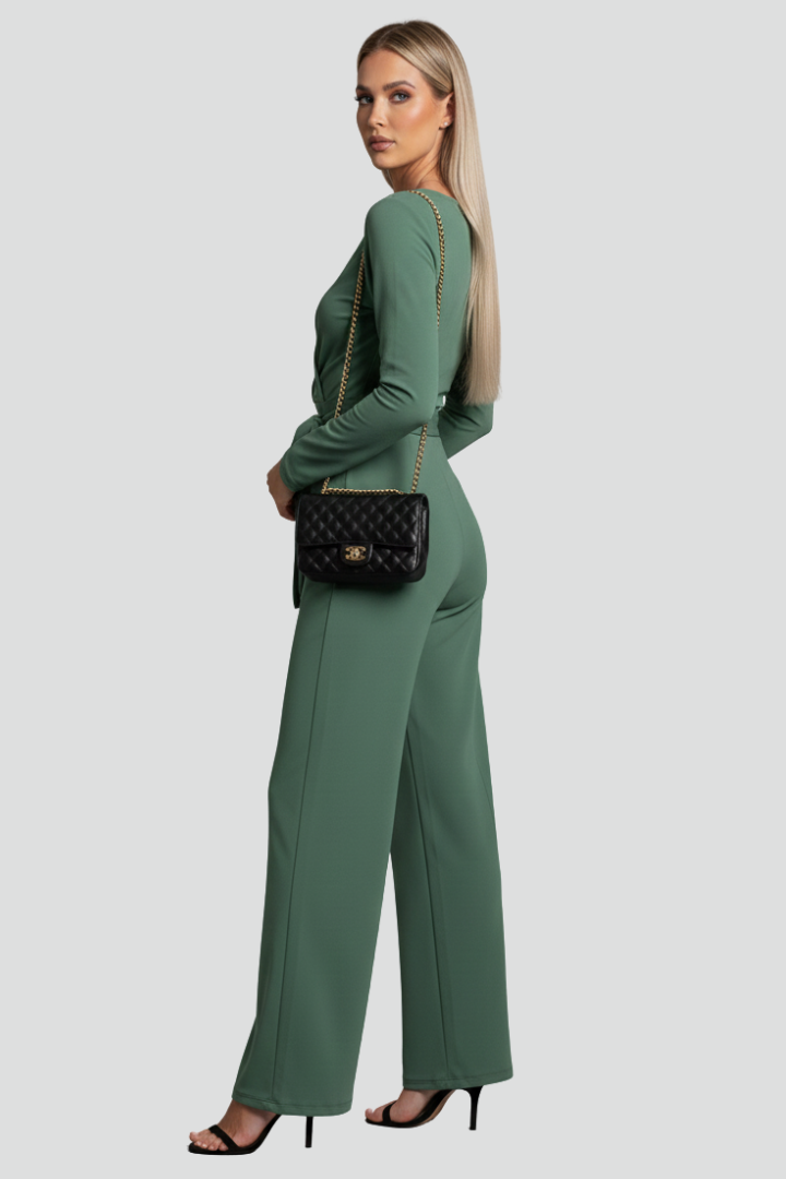Women’s V-Neck Jumpsuit with Long Sleeves and Tie Waist