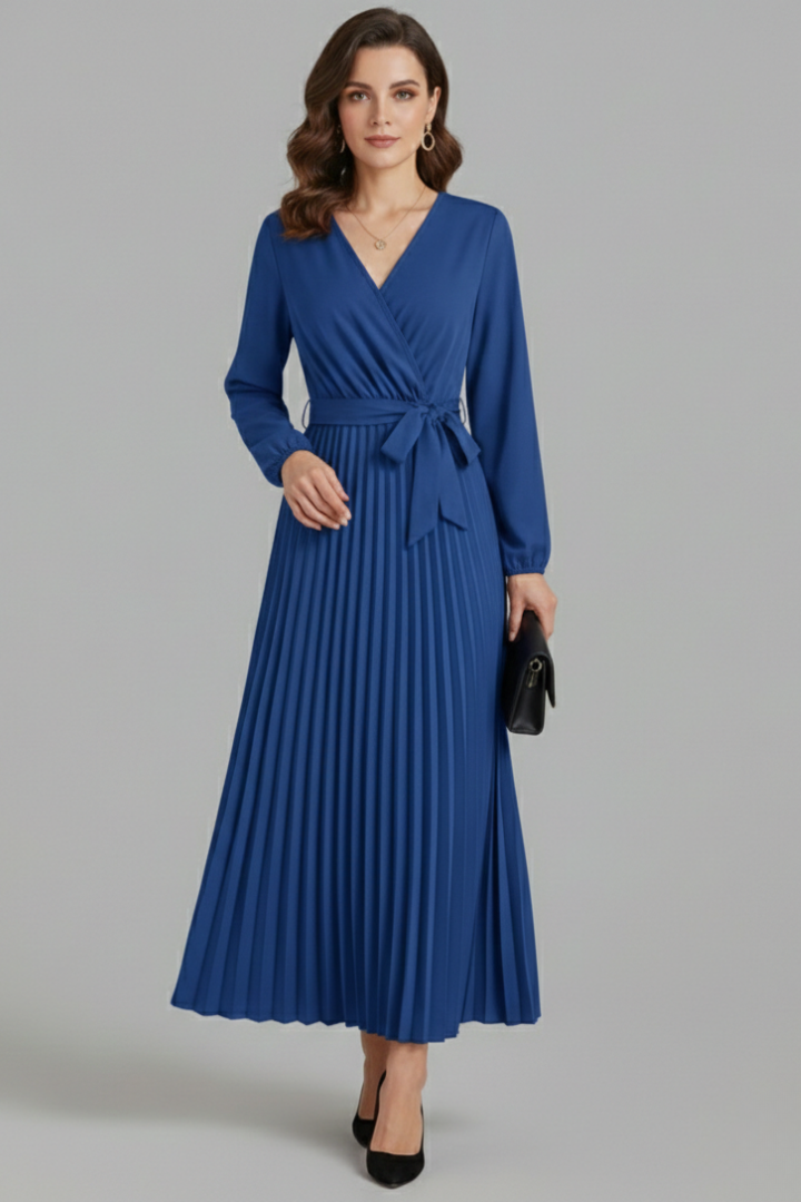 Women’s V-neck Maxi Dress with Pleated Skirt and Tie Waist