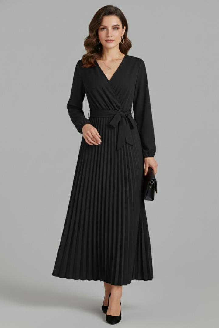 Women’s V-neck Maxi Dress with Pleated Skirt and Tie Waist