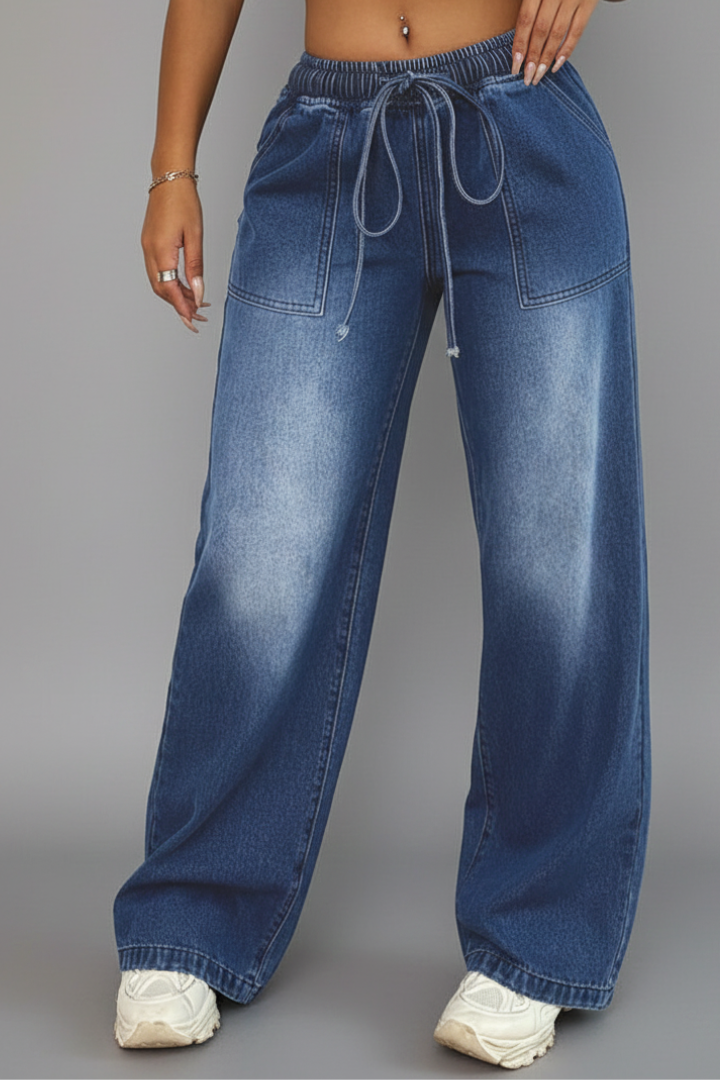 Women’s Wide-Leg Trousers with Drawstring Waist and Patch Pockets