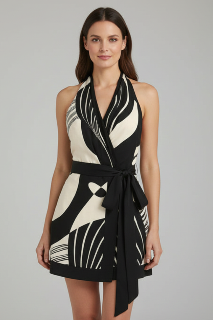 Women’s Wrap Mini Dress with Halter Neck and Tie Waist