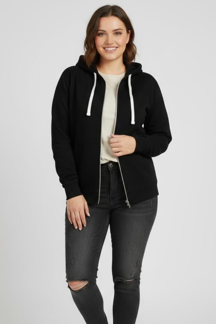 Women’s Zip Hoodie with Drawstring Hood and Front Pockets