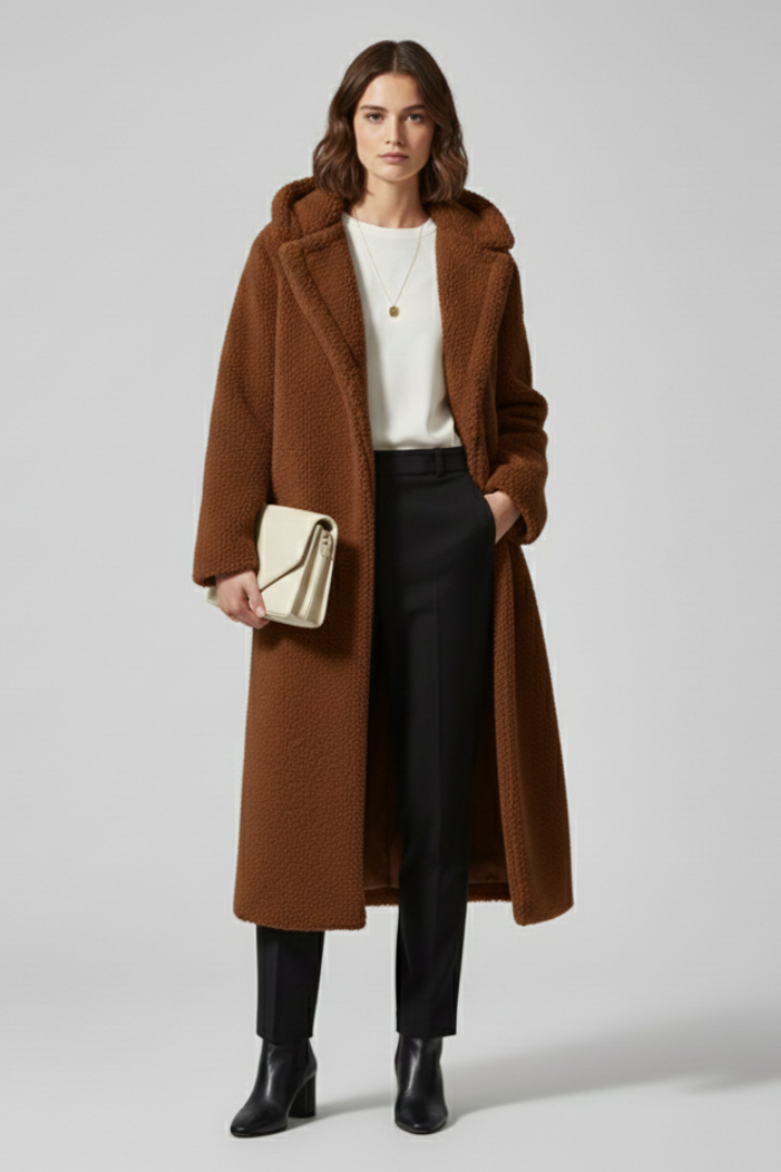 Women’s long coat with hood and textured surface
