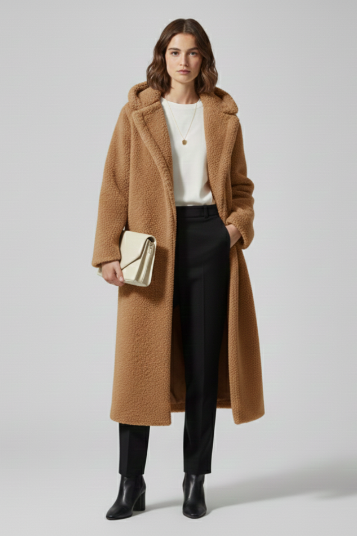 Women’s long coat with hood and textured surface