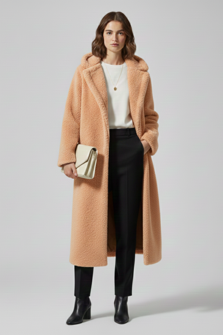 Women’s long coat with hood and textured surface
