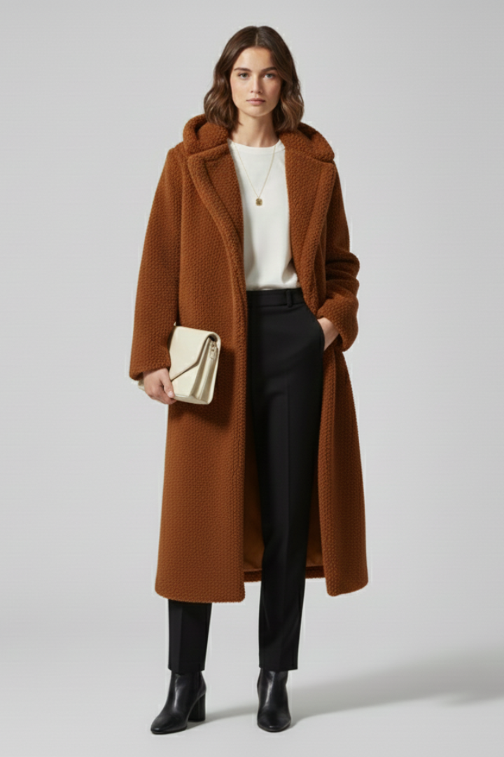 Women’s long coat with hood and textured surface