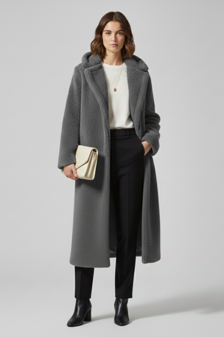 Women’s long coat with hood and textured surface