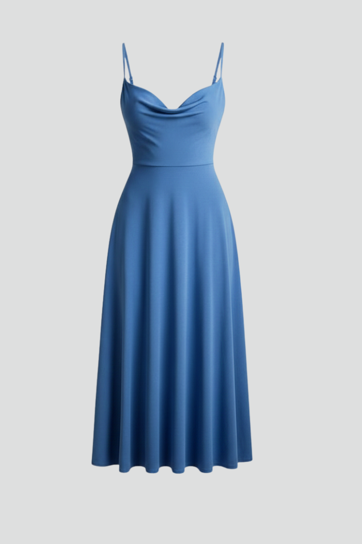 Women’s long dress with square neckline and draped skirt