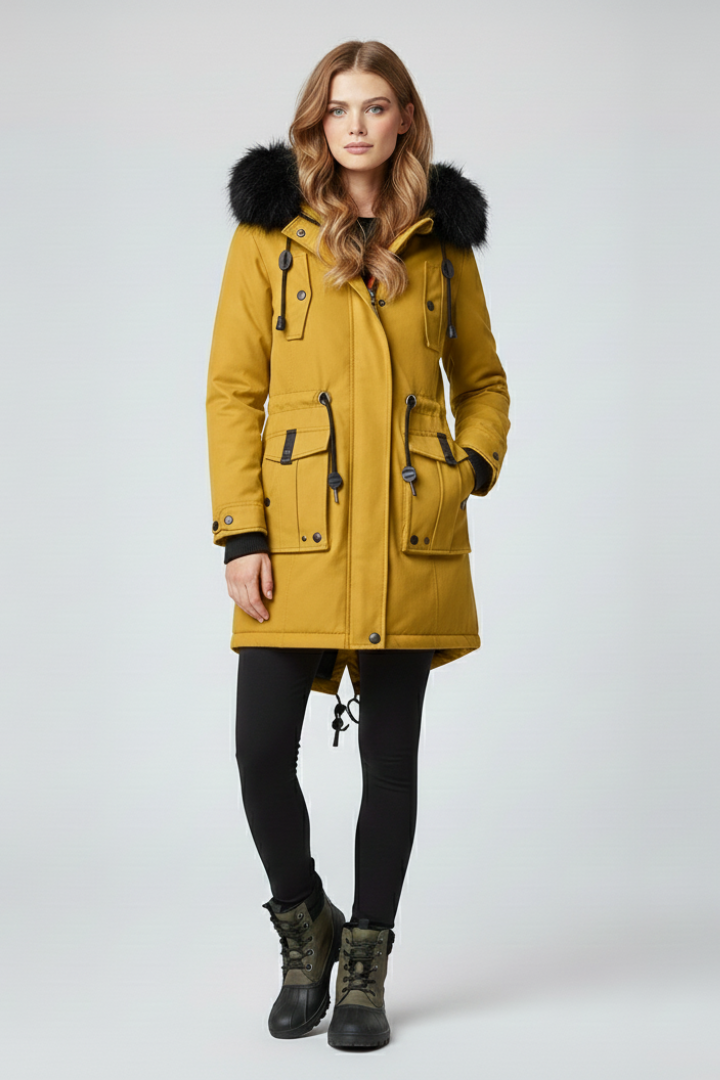 Women’s parka coat with hood and exterior designed for outdoor use