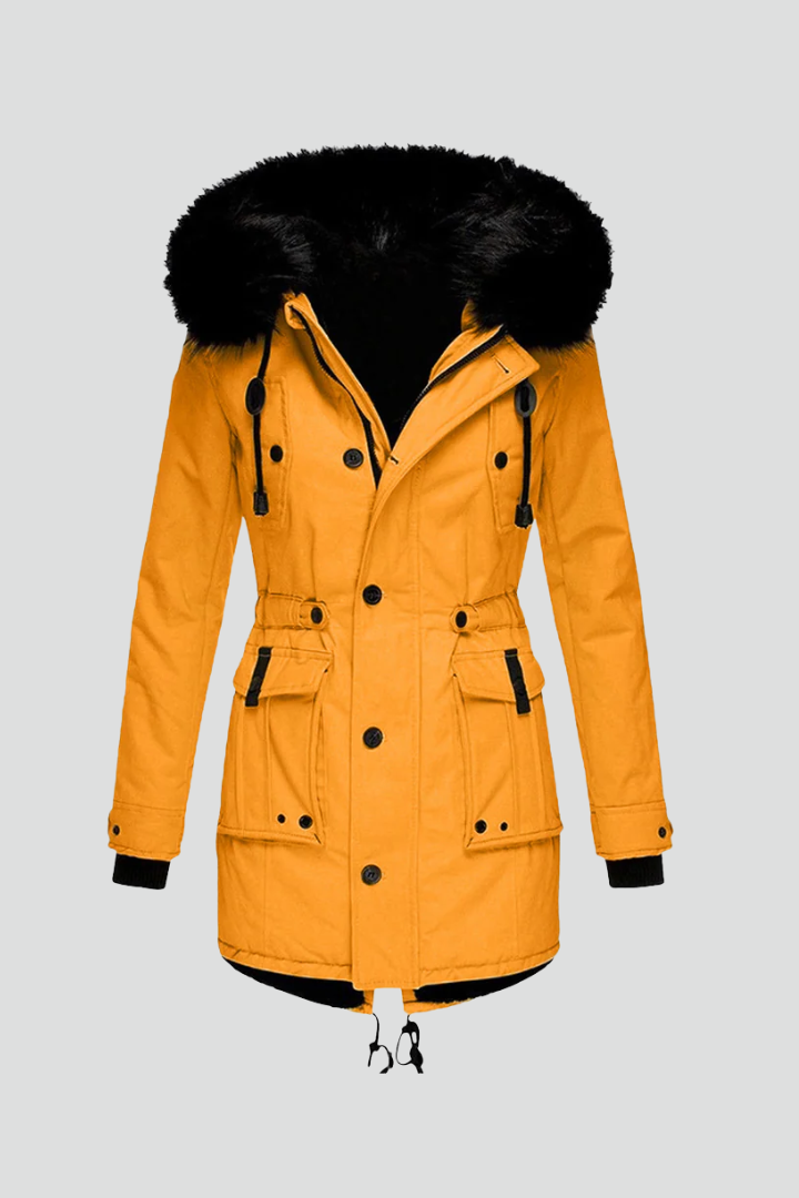 Women’s parka coat with hood and exterior designed for outdoor use