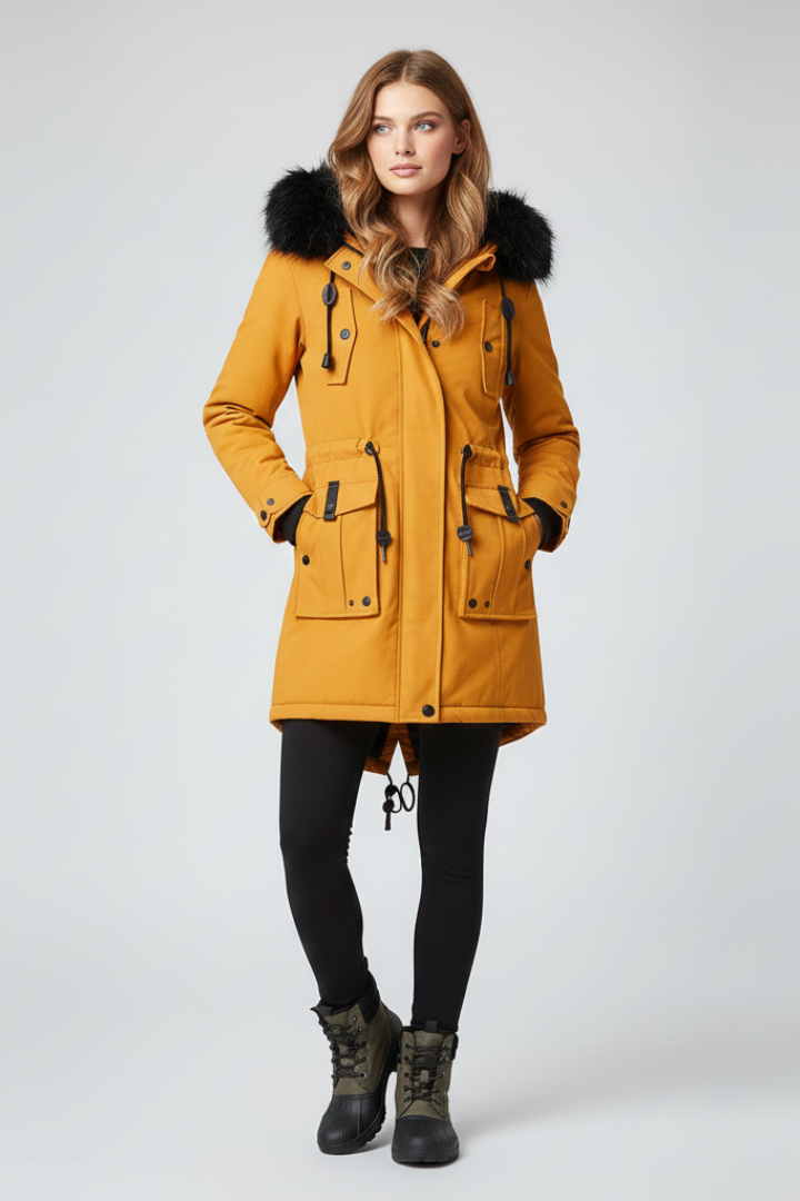 Women’s parka coat with hood and exterior designed for outdoor use