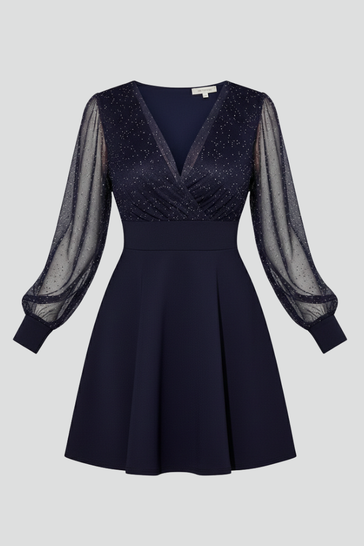 Women’s short dress with V-neck and sheer sleeves