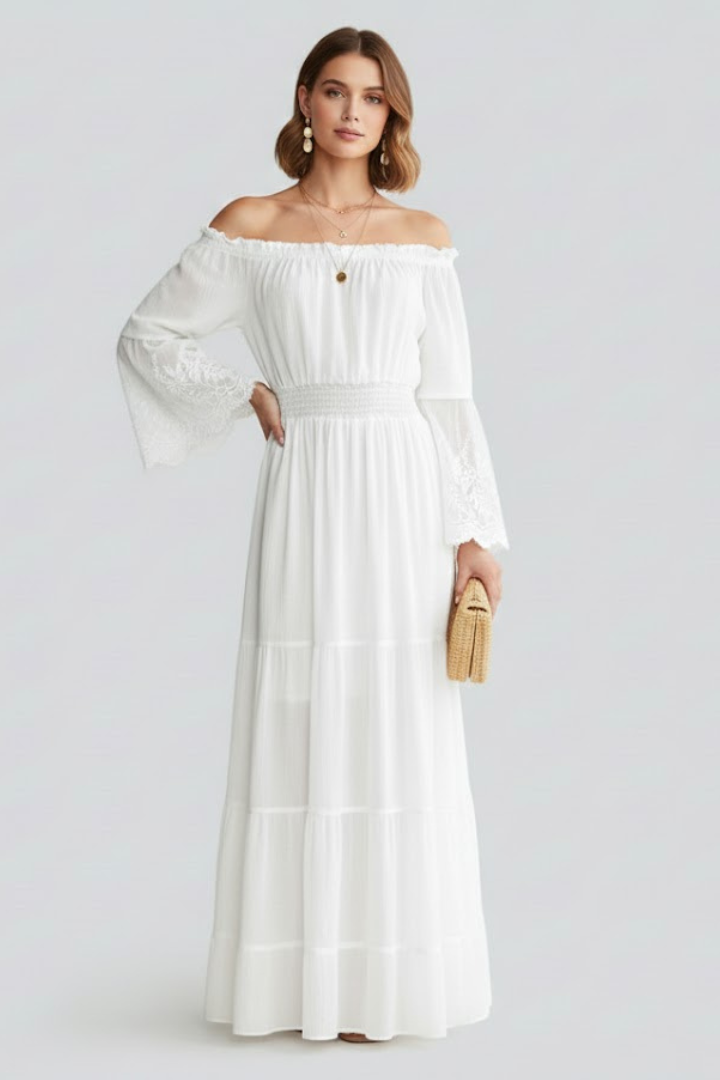 Women’s Maxi Dress with Off Shoulder and Lace Sleeves