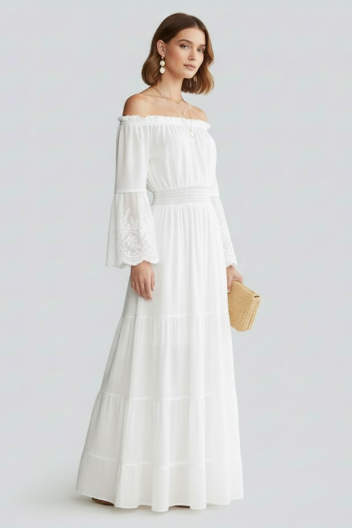 Women’s Maxi Dress with Off Shoulder and Lace Sleeves