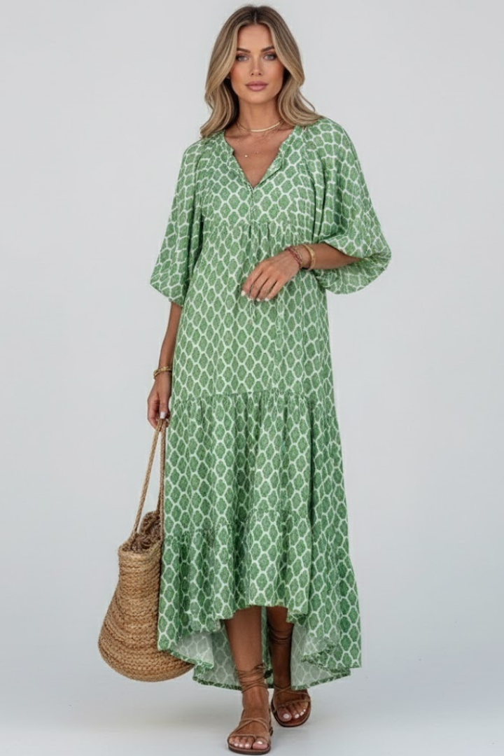 Women’s Long Dress with V Neck and Short Sleeves