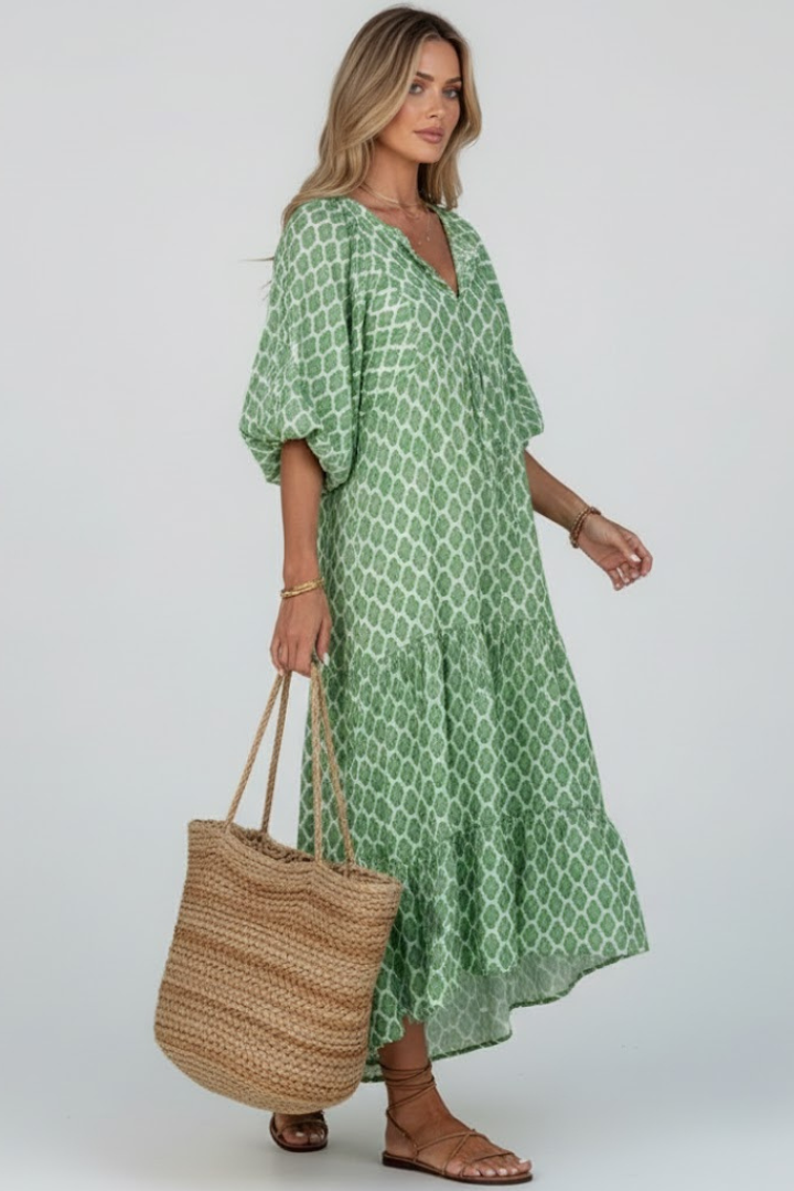 Women’s Long Dress with V Neck and Short Sleeves