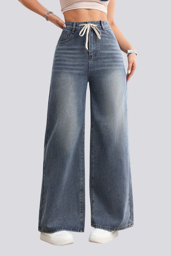Women’s Wide-Leg Jeans with Drawstring Waist and Front Pockets