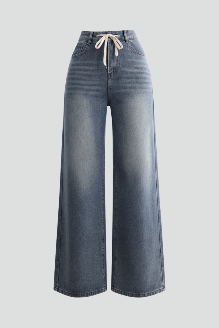 Women’s Wide-Leg Jeans with Drawstring Waist and Front Pockets