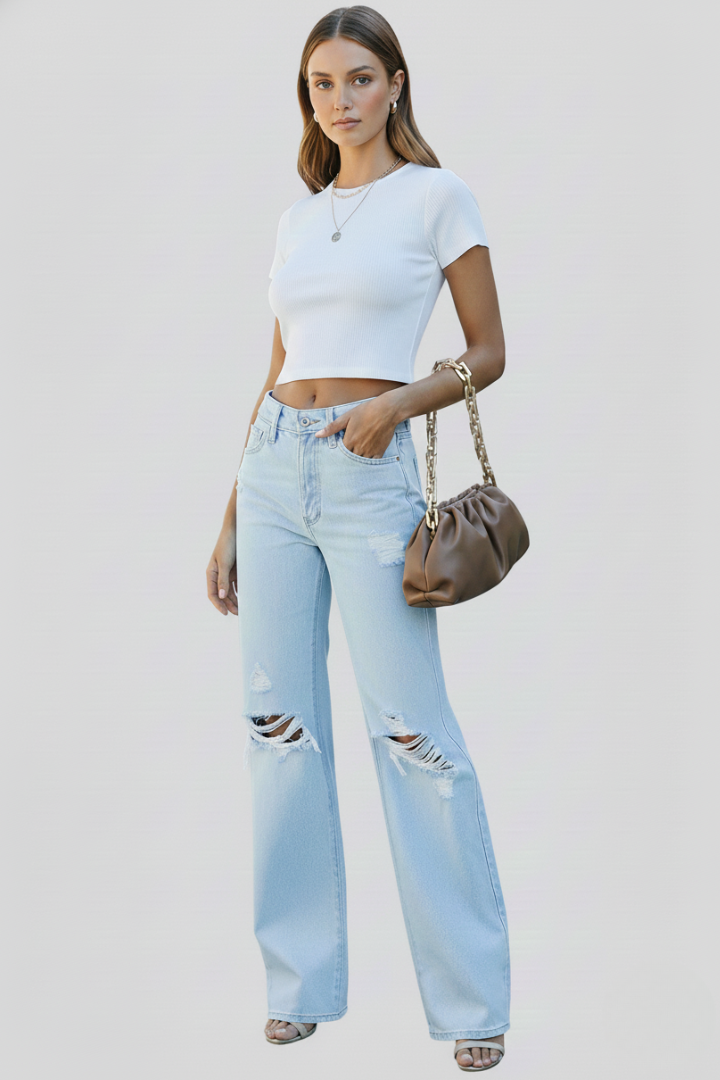 Women’s Wide-Leg Jeans with a High Waist and Distressed Knees