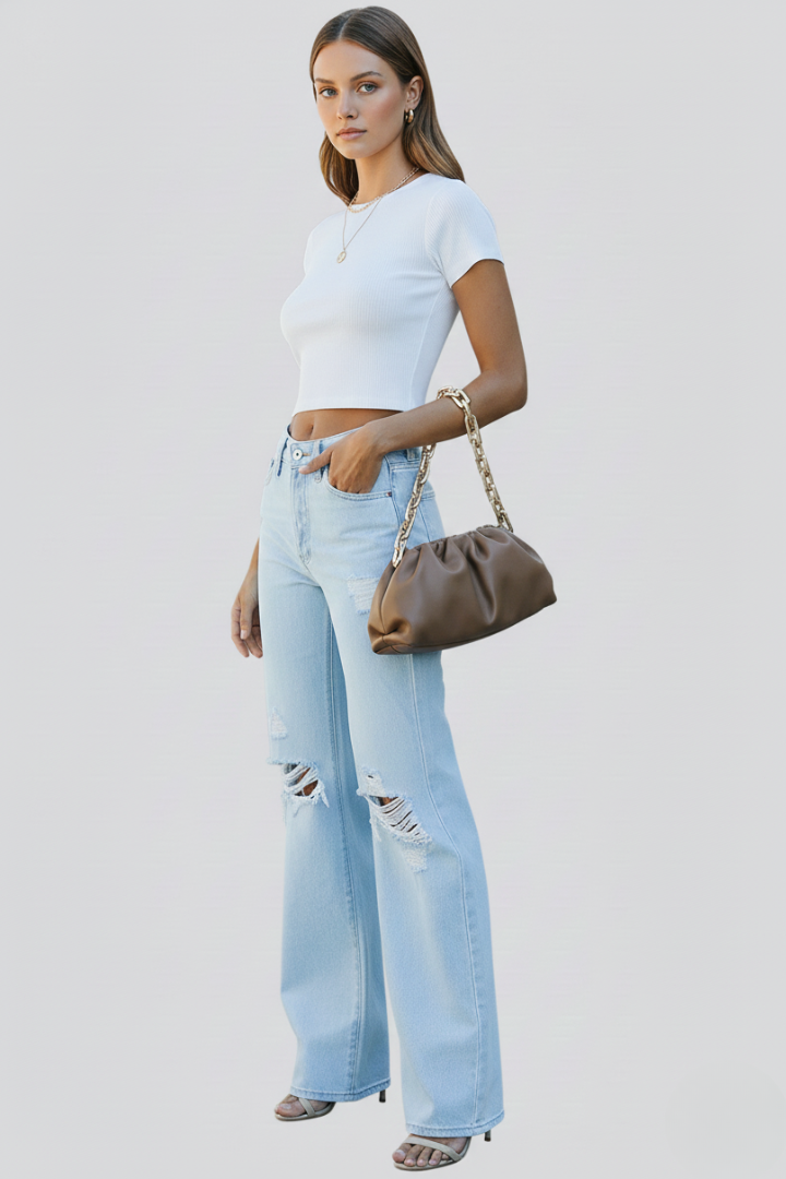 Women’s Wide-Leg Jeans with a High Waist and Distressed Knees