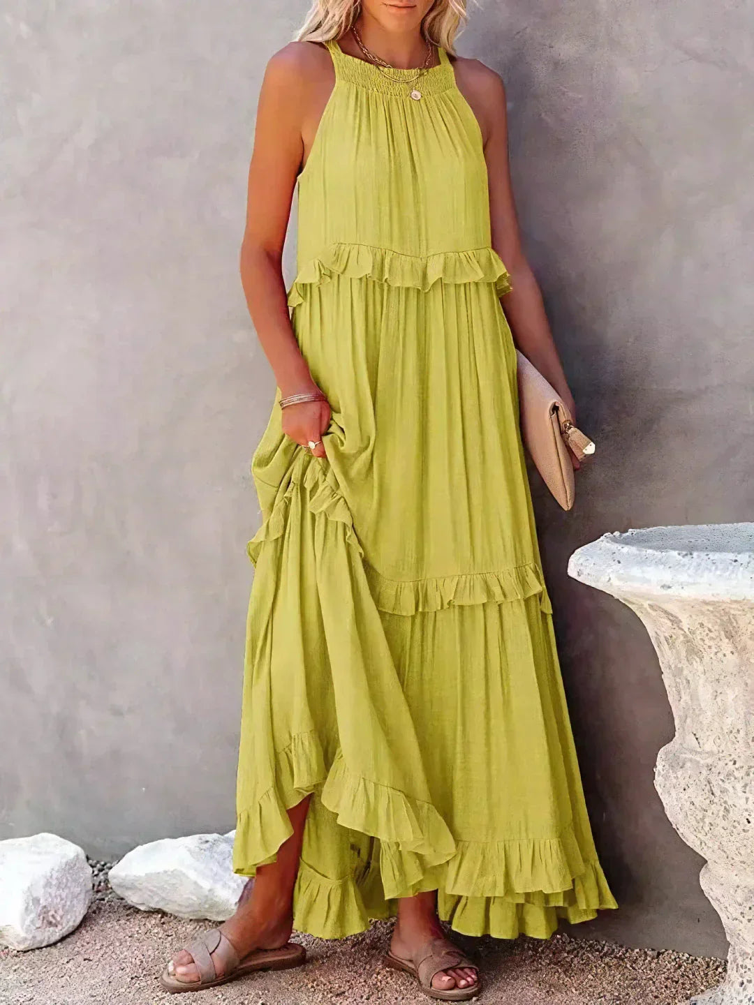 Charlize™ - Sunshine Breeze Halter Ruffle Maxi Dress met Zakken