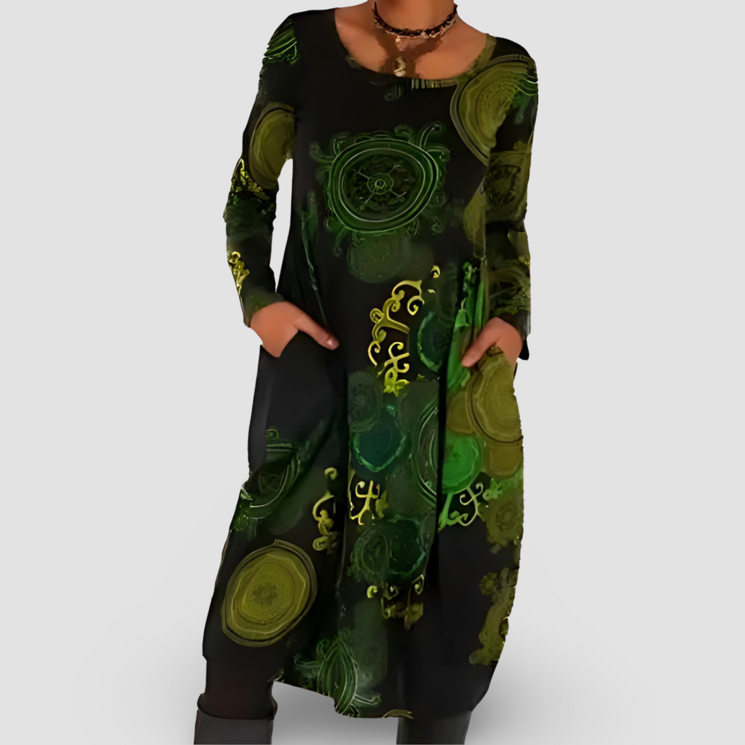 Tilly | Abstract Print Long Sleeve Dress with Side Pockets